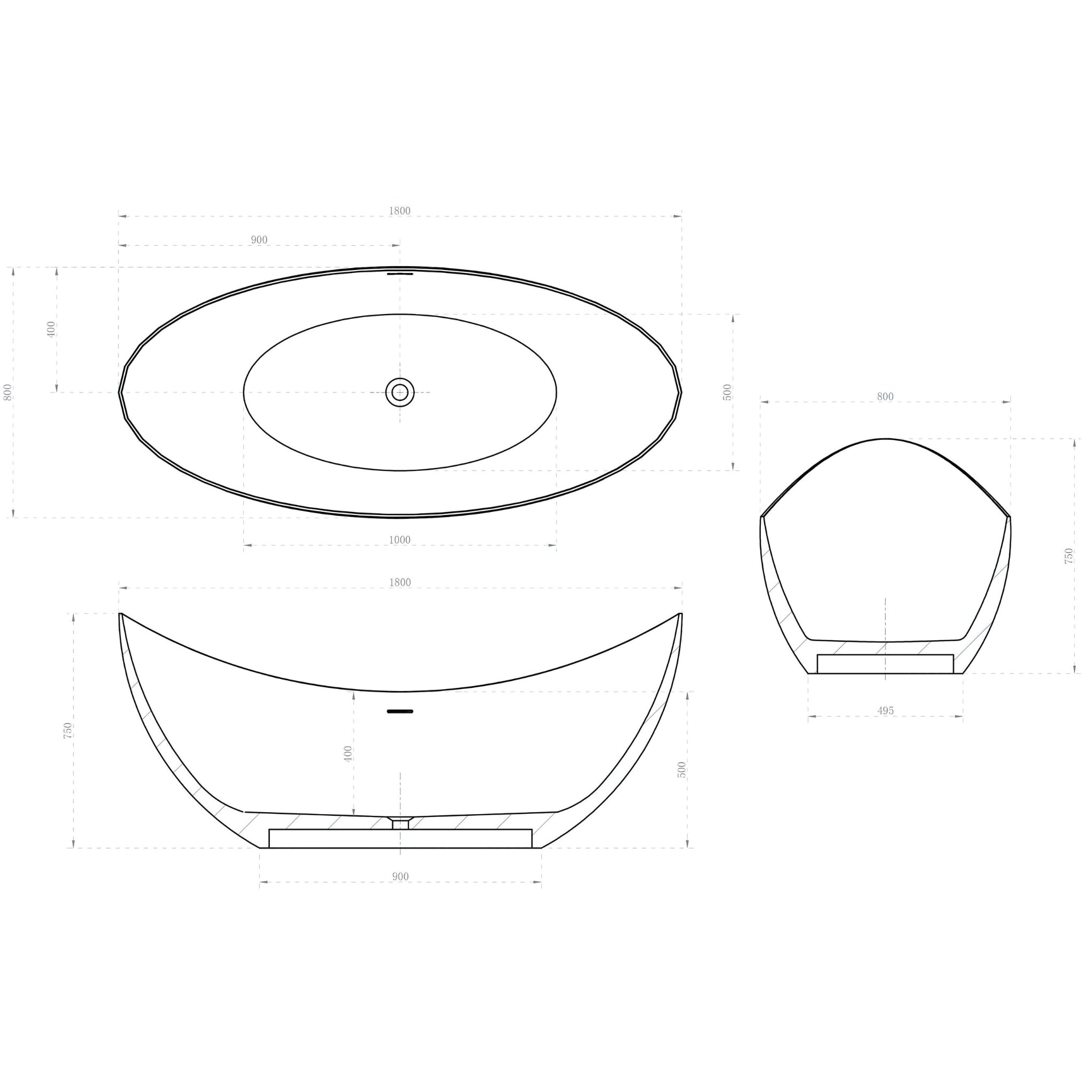 ENFLAIR LUA MOON FREESTANDING BATHTUB WITH OVERFLOW MATTE WHITE 1800MM