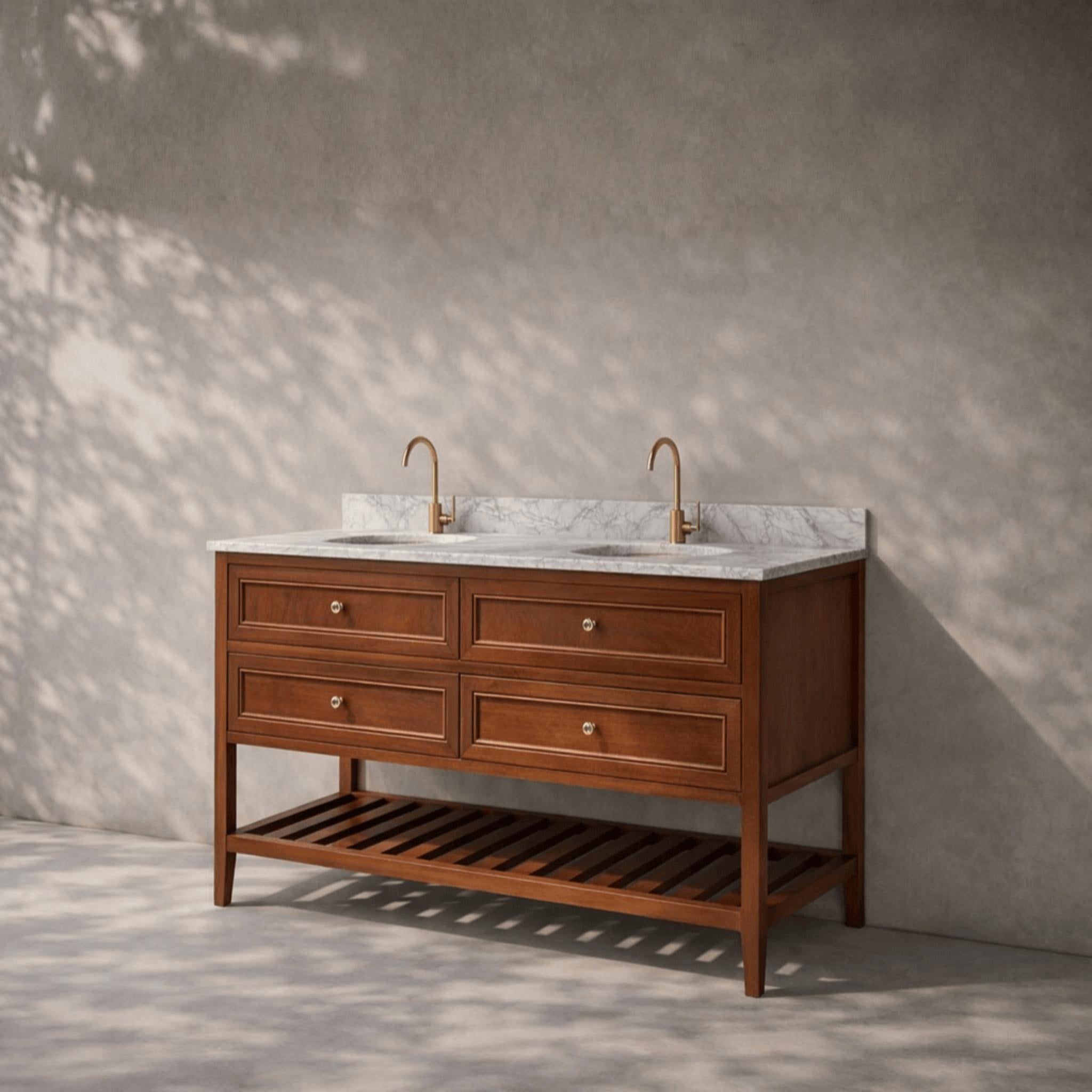 JOINERY BY BEARS AUDREY BROWN OAK 1500MM DOUBLE BOWL FLOOR STANDING VANITY PACKAGE