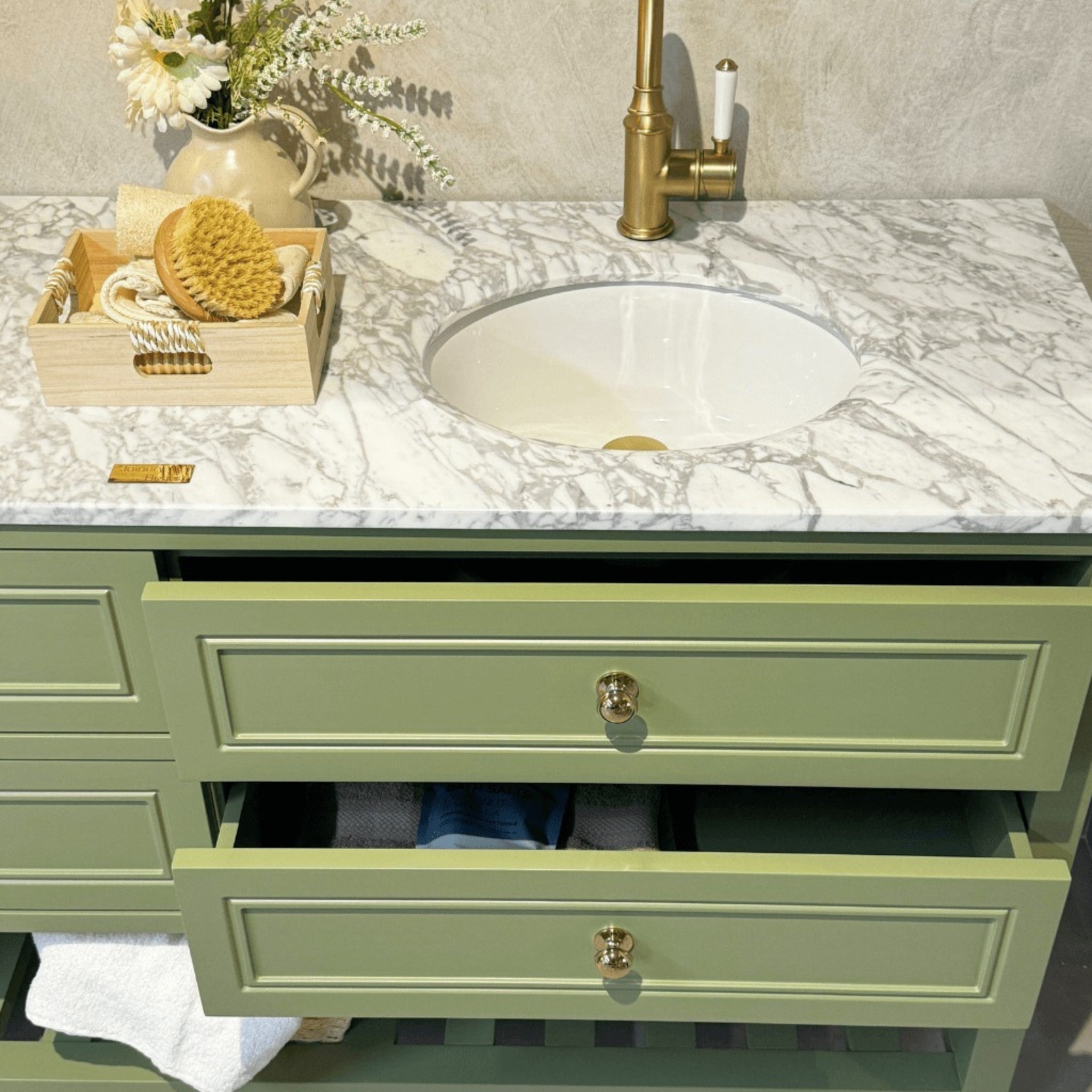 JOINERY BY BEARS AUDREY SAGEWOOD 1500MM DOUBLE BOWL FLOOR STANDING VANITY PACKAGE