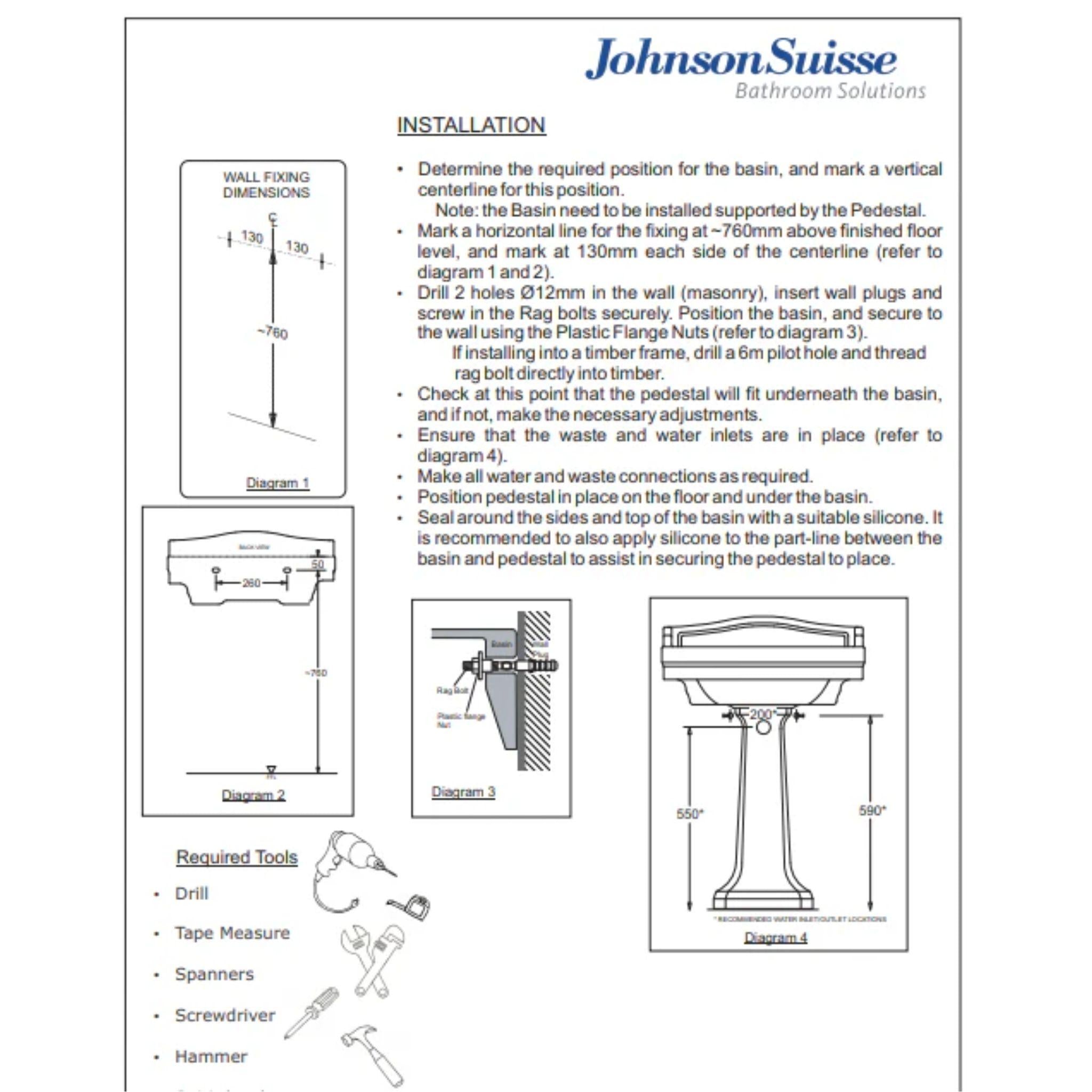 JOHNSON SUISSE COLONIAL WALL HUNG BASINS WHITE 610MM