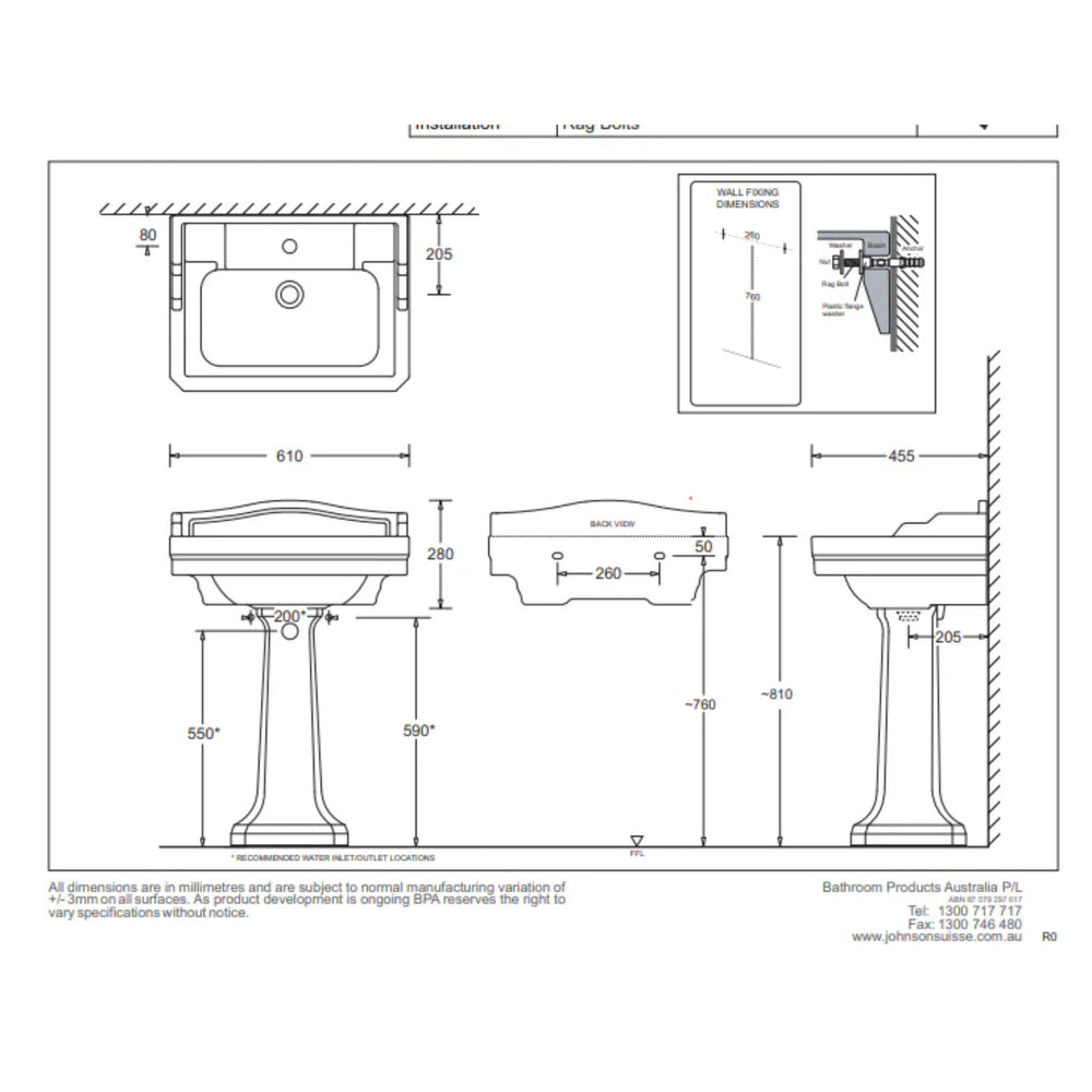 JOHNSON SUISSE COLONIAL WALL HUNG BASINS WHITE 610MM