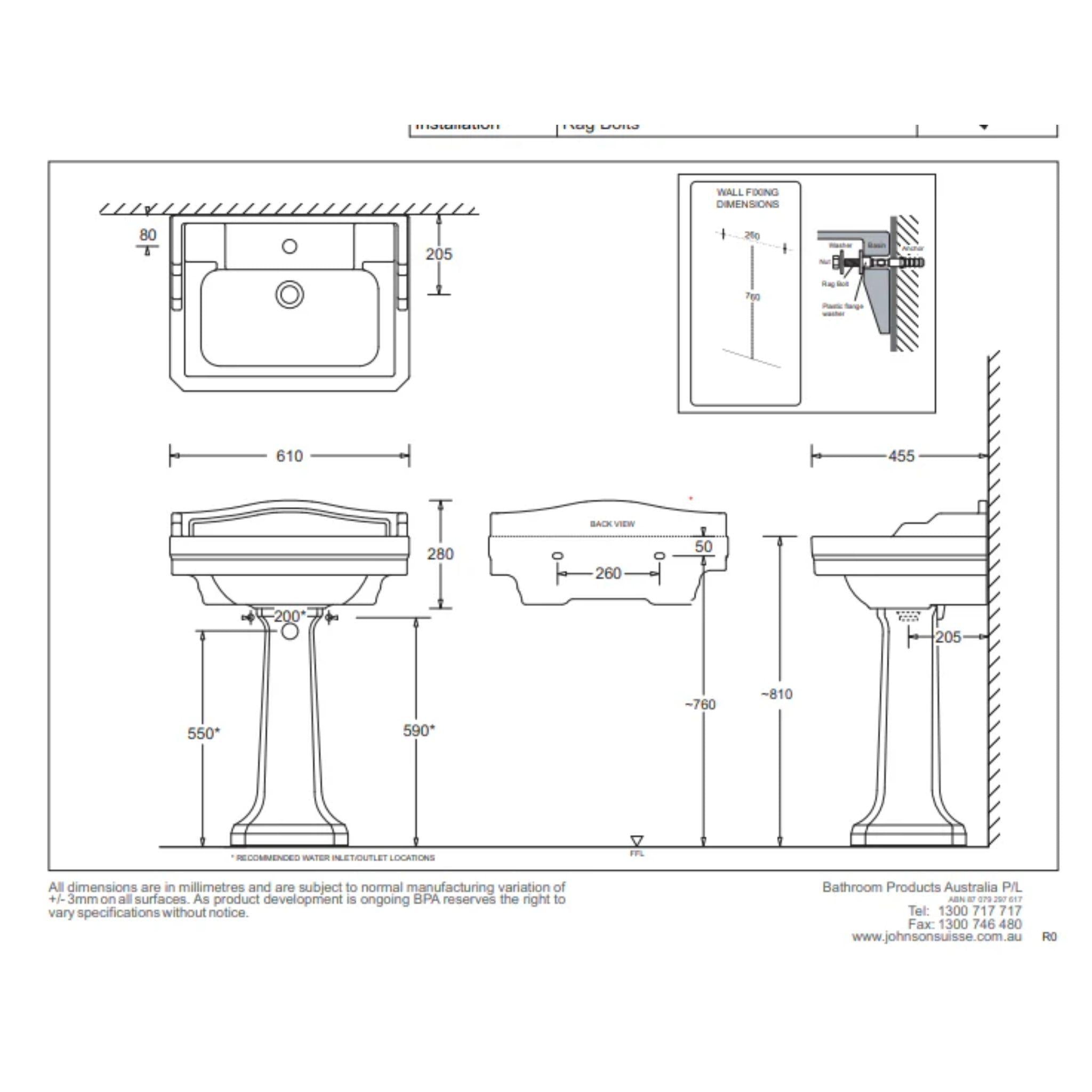 JOHNSON SUISSE COLONIAL WALL HUNG BASINS WHITE 610MM