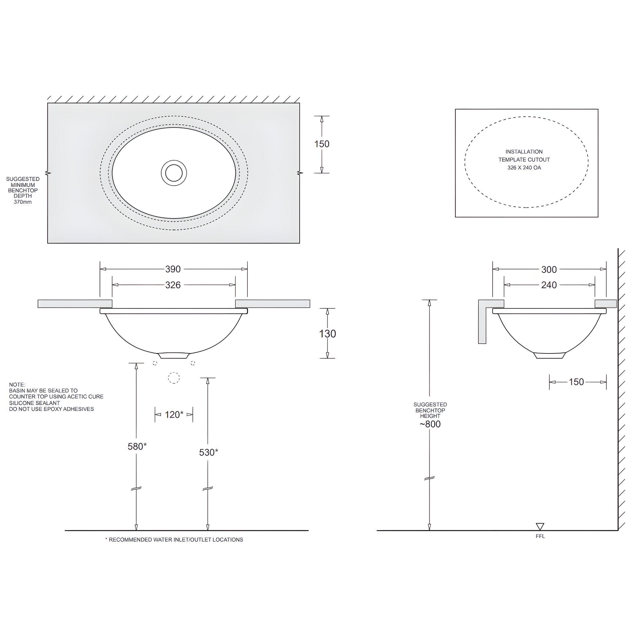 JOHNSON SUISSE EMILIA SMALL OVAL VANITY UNDER COUNTER BASINS WHITE 390MM