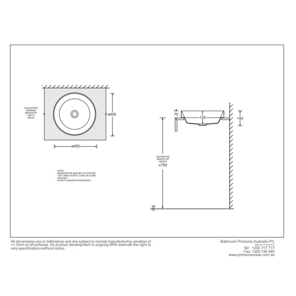 JOHNSON SUISSE GEMELLI ROUND SEMI-INSET BASINS WHITE 400MM
