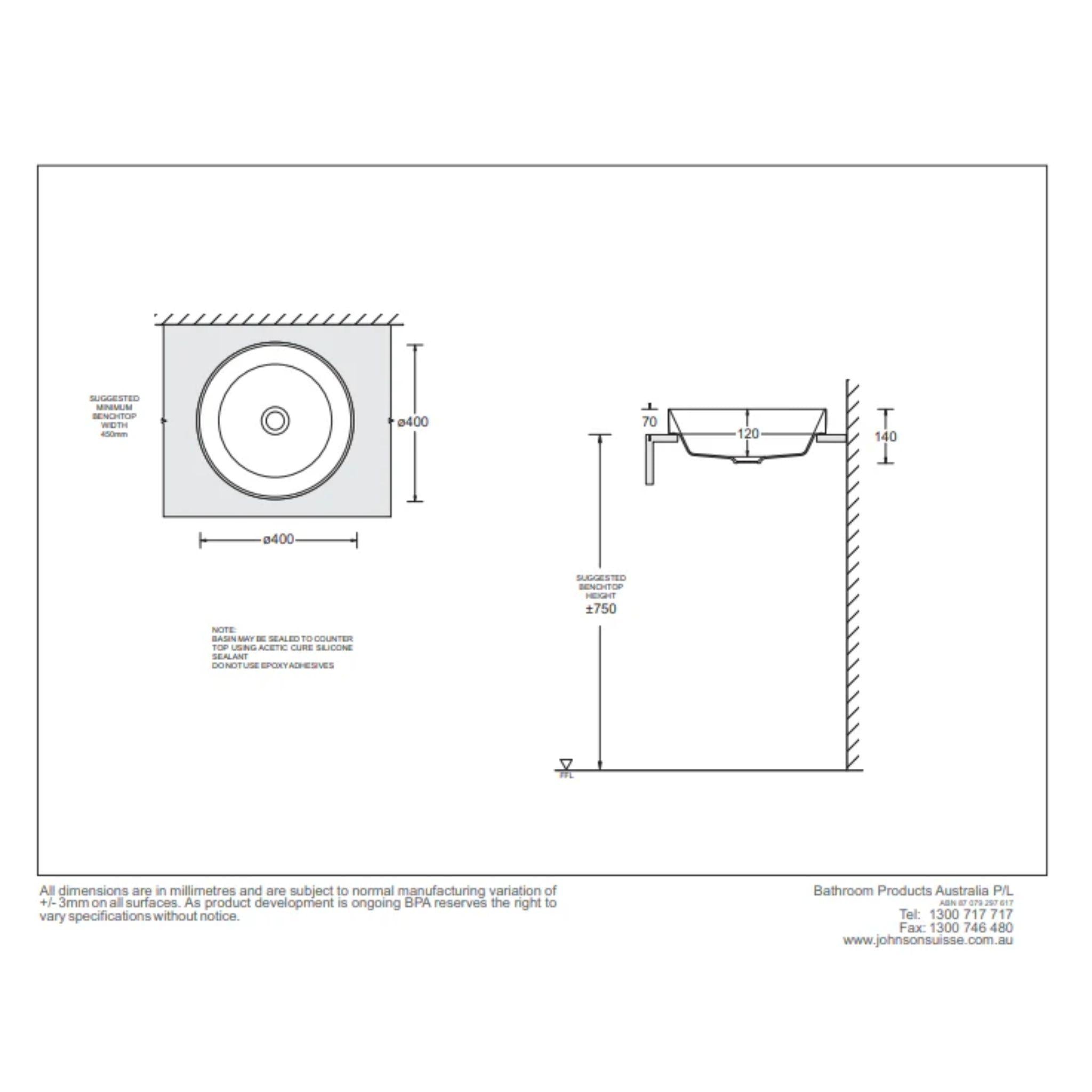 JOHNSON SUISSE GEMELLI ROUND SEMI-INSET BASINS WHITE 400MM