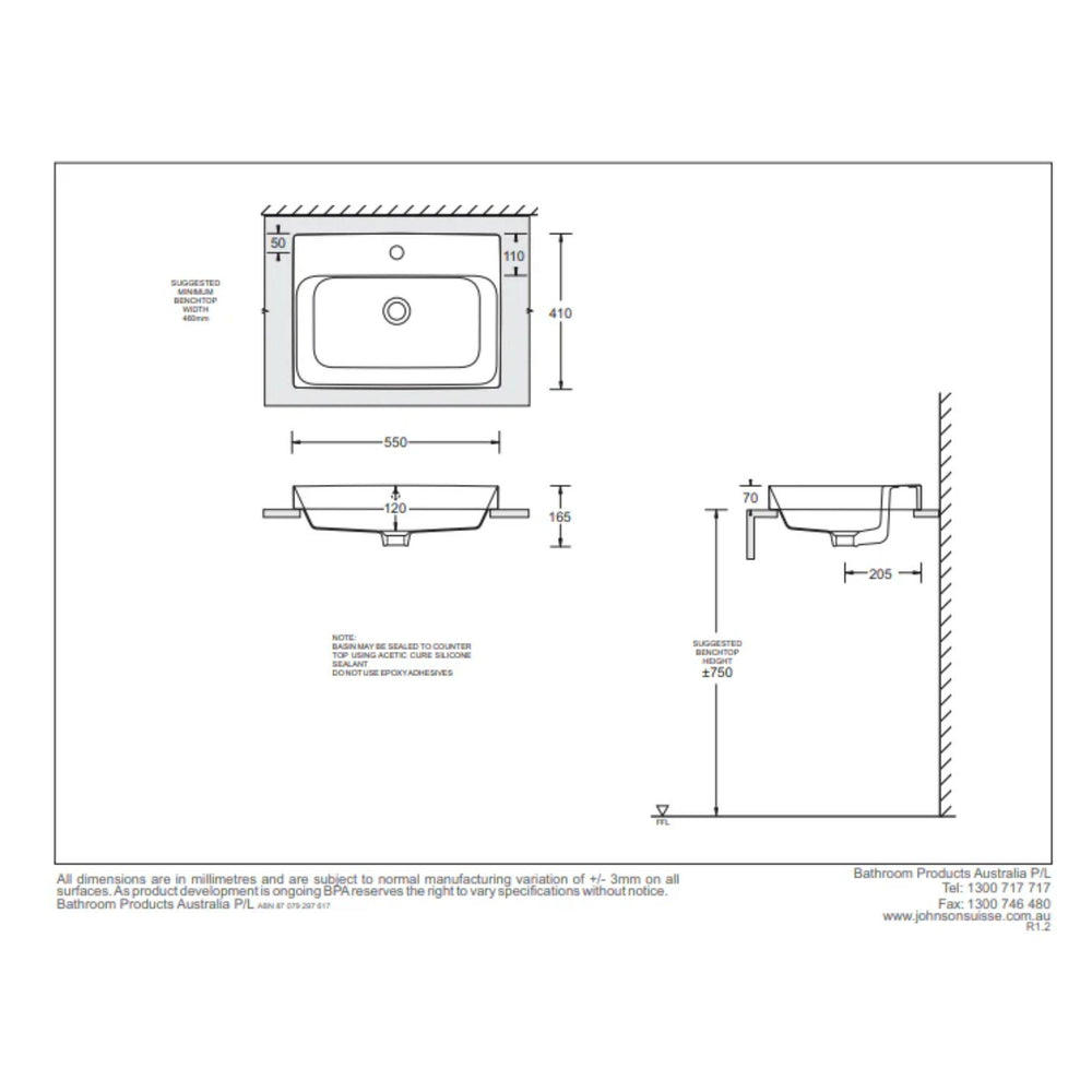 JOHNSON SUISSE GEMELLI RECTANGLE SEMI-INSET BASINS WHITE 550MM