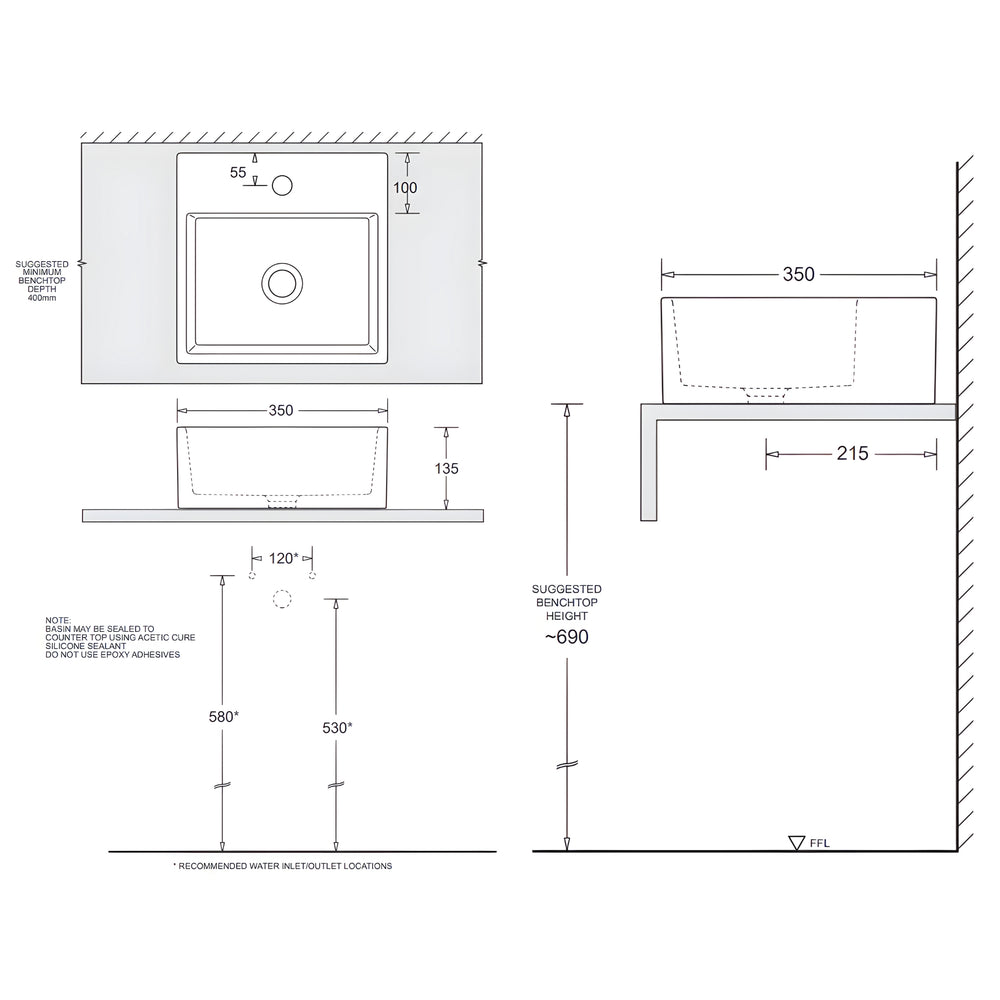 JOHNSON SUISSE QUADO SQUARE COUNTER TOP BASINS WHITE 350MM