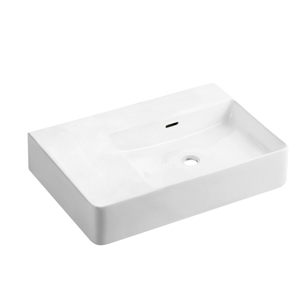 JOHNSON SUISSE QUADO RECTANGULAR LEFT HAND SHELF BASINS NO TAPHOLE WITH PLUG AND WASTE WHITE 605MM