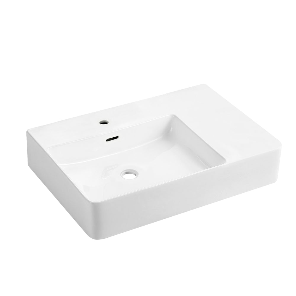 JOHNSON SUISSE QUADO RECTANGULAR RIGHT HAND SHELF BASINS ONE TAPHOLE WITH PLUG AND WASTE WHITE 605MM