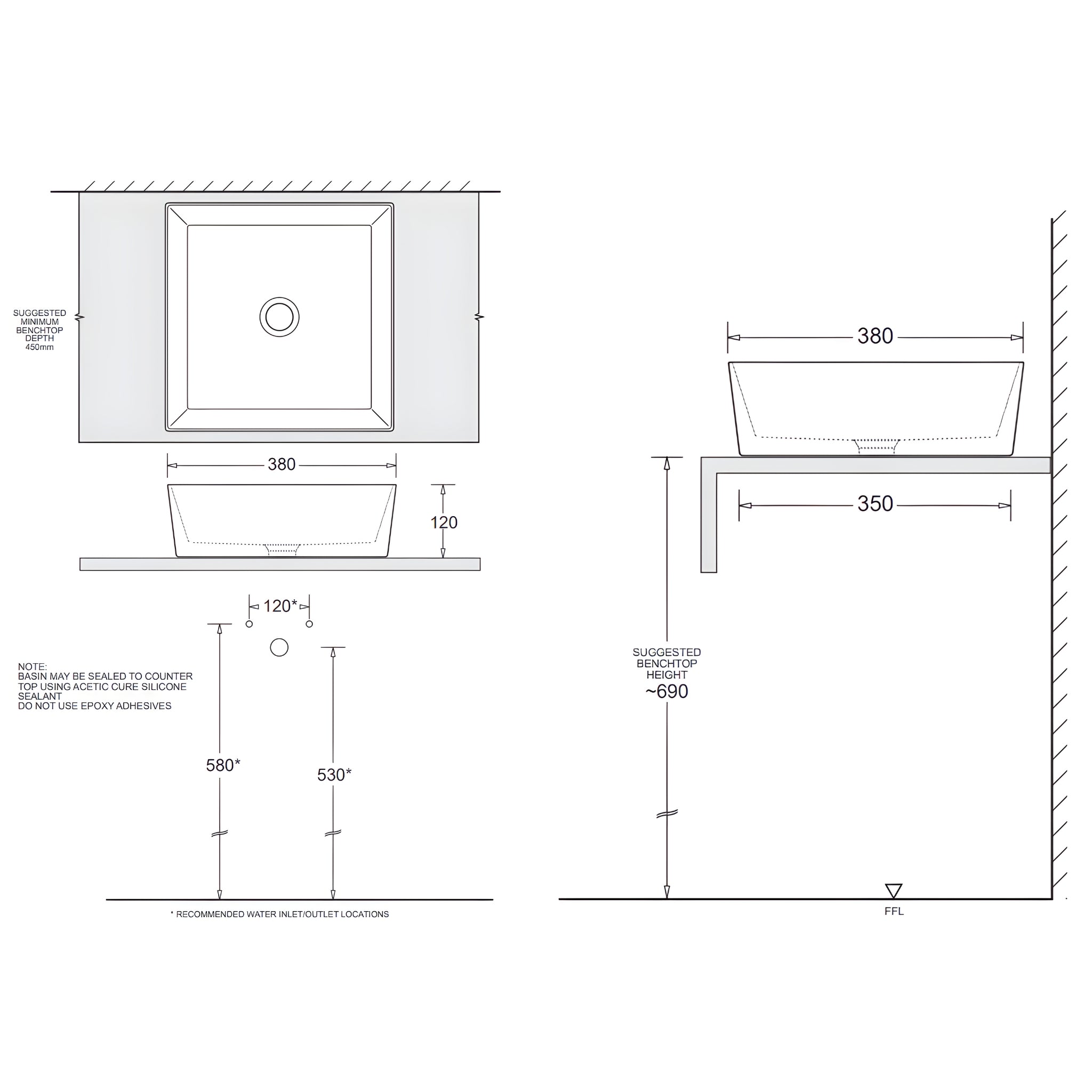 JOHNSON SUISSE VENEZIA SQUARE COUNTER TOP BASINS WITH CHROME POP-UP WASTE MATTE BLACK 350MM