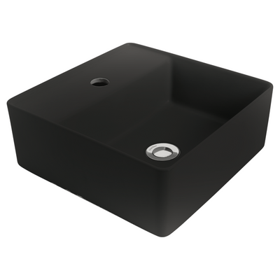JOHNSON SUISSE VENEZIA SQUARE COUNTER TOP BASINS WITH CHROME POP-UP WASTE MATTE BLACK 350MM