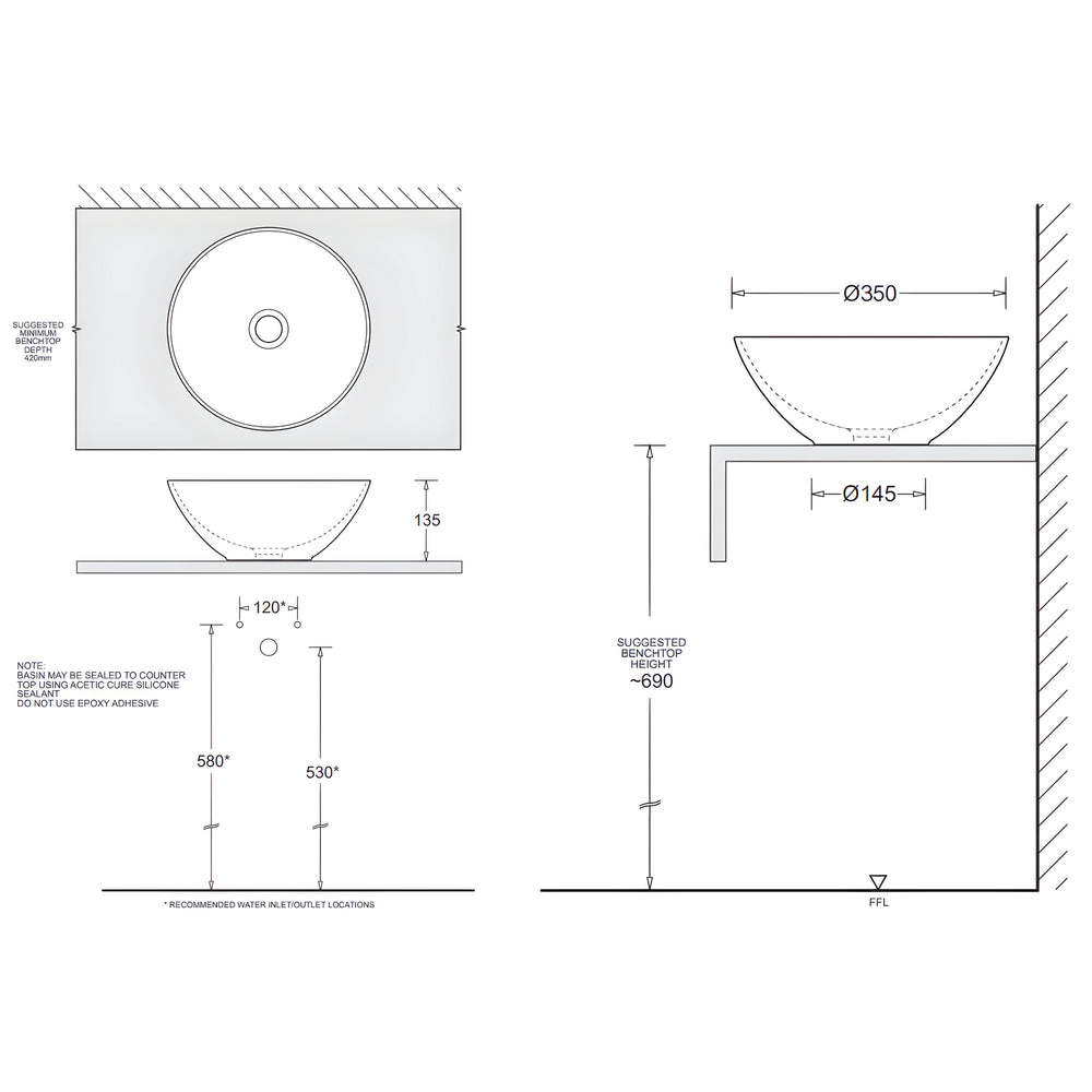 JOHNSON SUISSE VENEZIA ROUND COUNTER TOP BASINS WITH CHROME POP-UP WASTE  MATTE BLACK 350MM