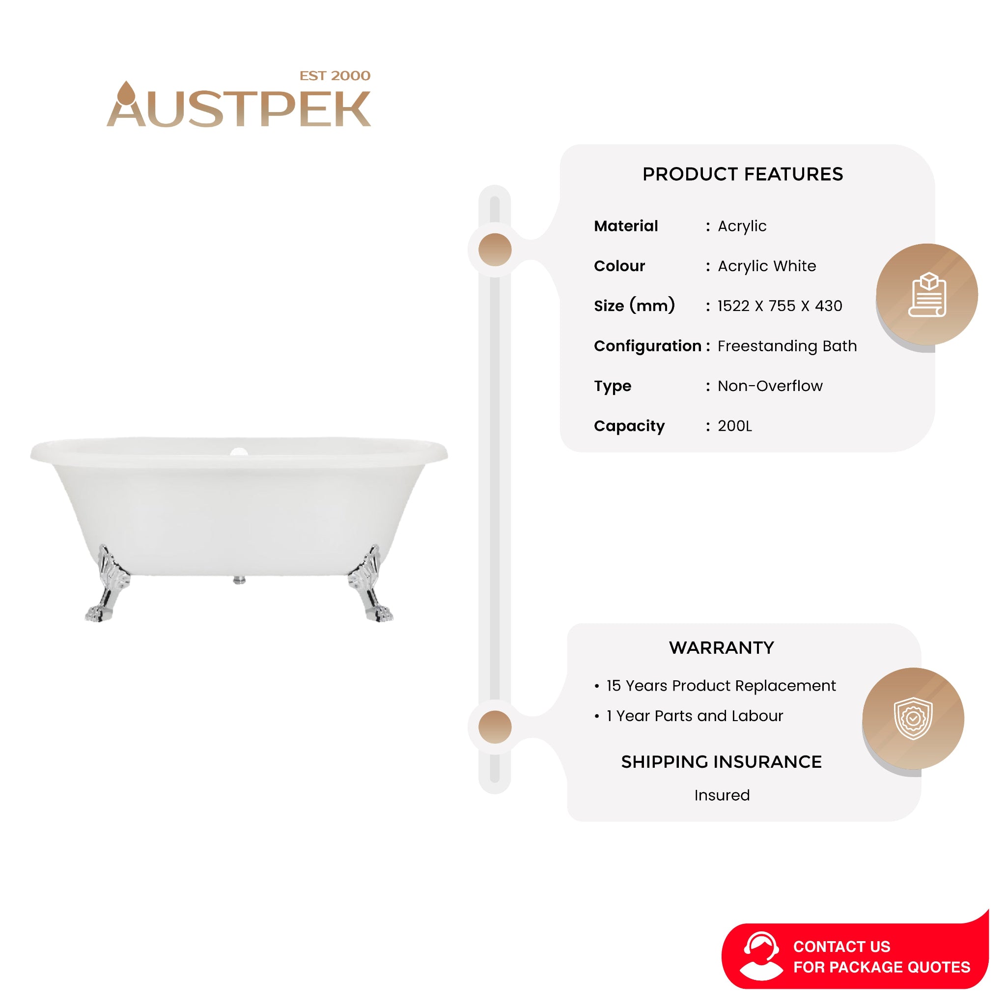 JOHNSON SUISSE COLONIAL FREESTANDING BATH ACRYLIC WHITE 1500MM