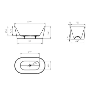 Linsol Joseph Freestanding Bath 1500mm line drawing