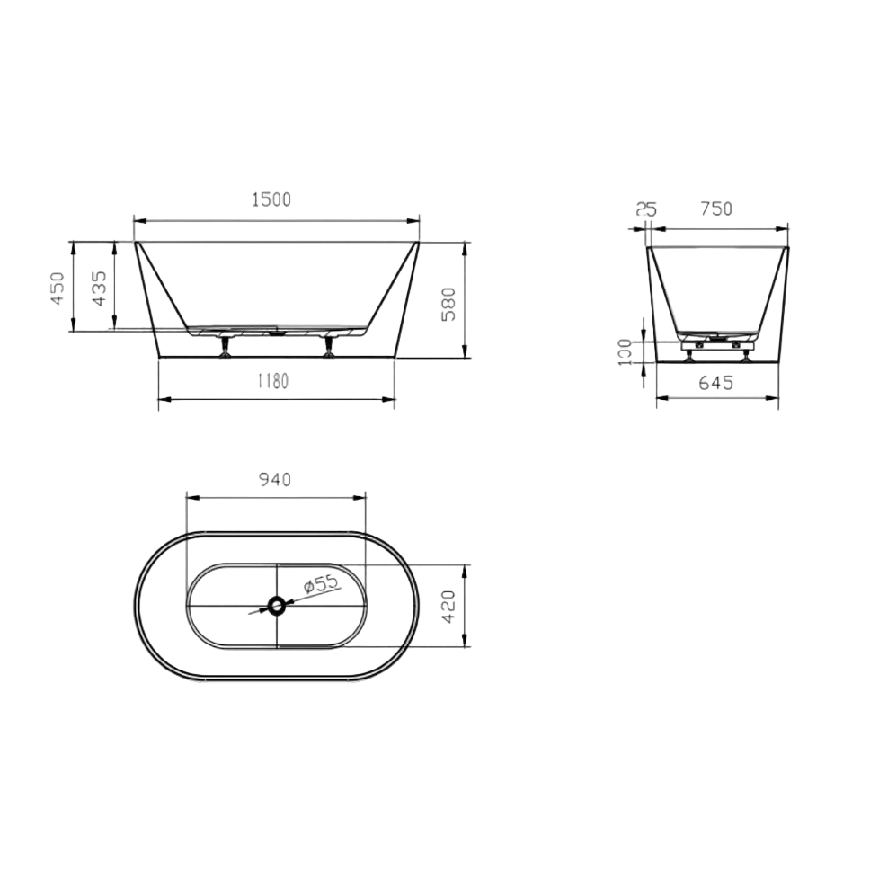 Linsol Joseph Freestanding Bath 1500mm line drawing