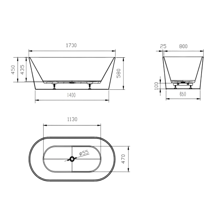 Linsol Joseph Freestanding Bath 1700mm line drawing