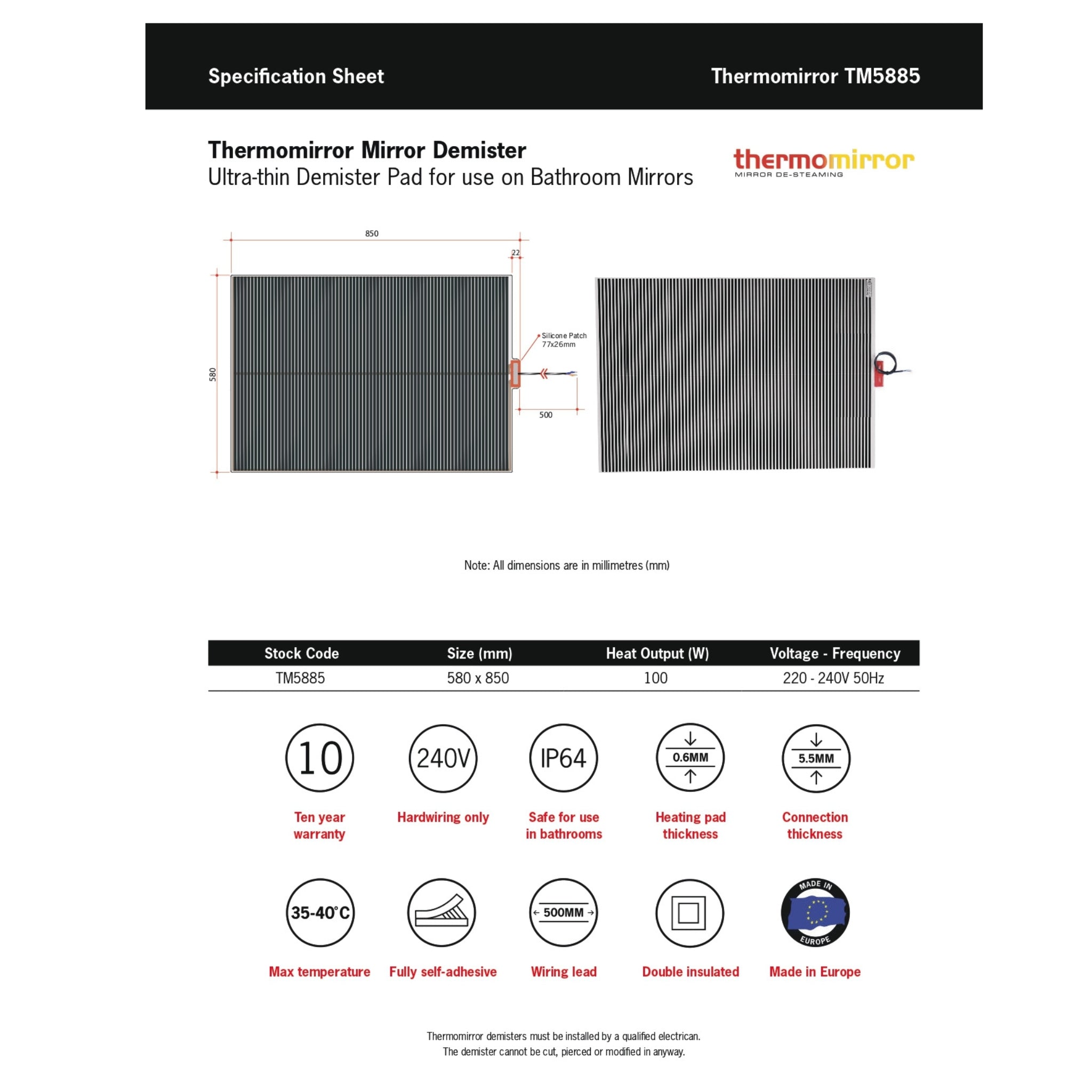 THERMOGROUP ABLAZE RECTANGLE POLISHED EDGE MIRROR WITH DEMISTER 800X1200MM