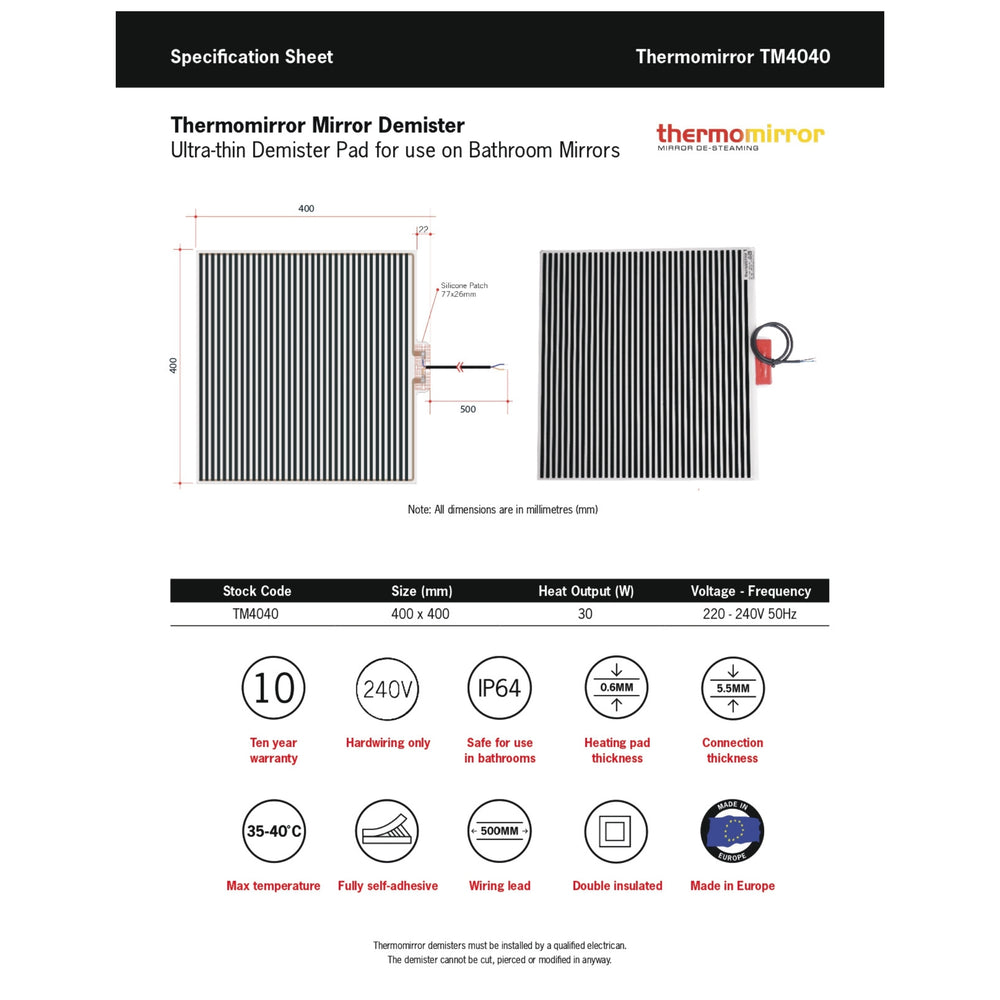 THERMOGROUP ABLAZE SQUARE POLISHED EDGE MIRROR WITH DEMISTER 750MM