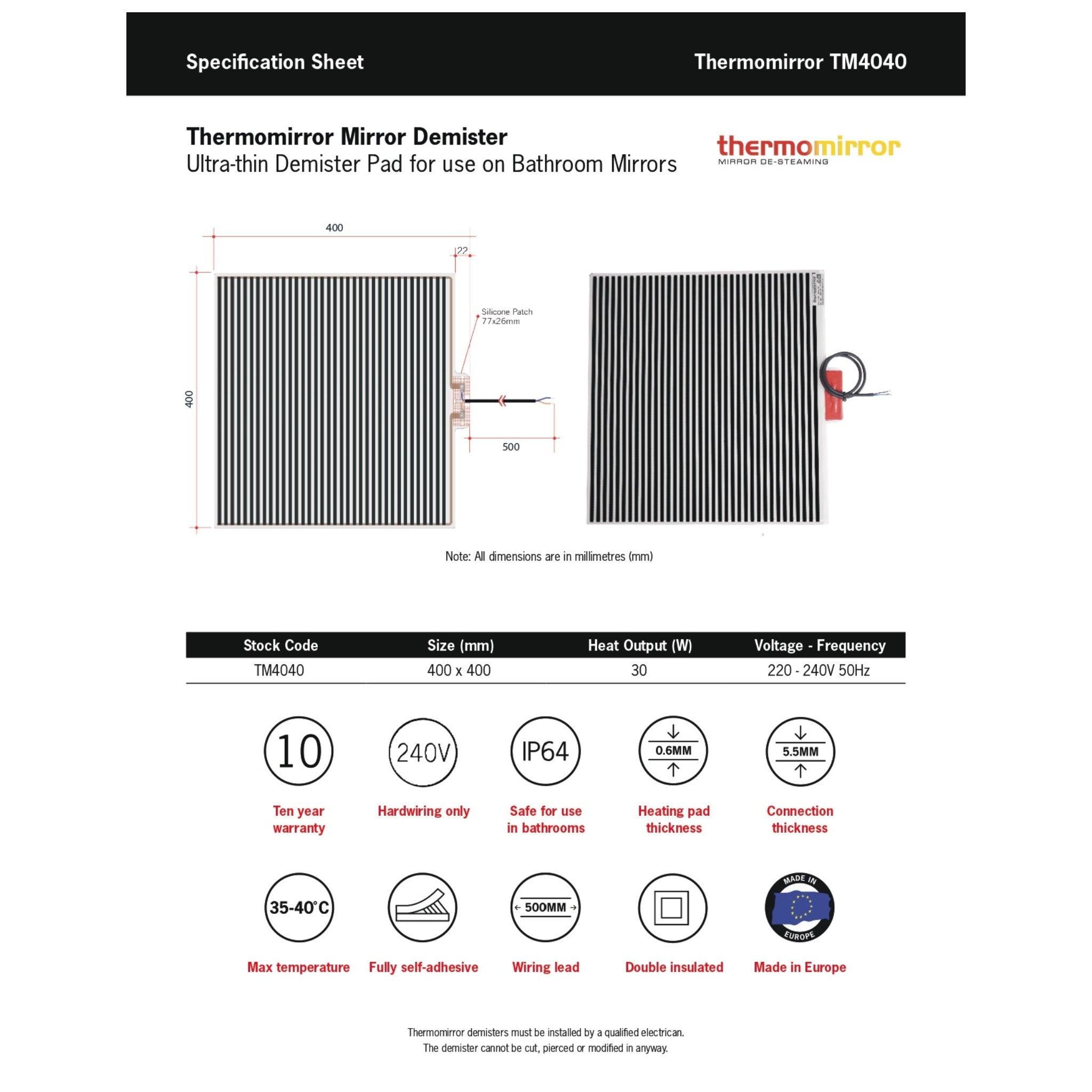 THERMOGROUP ABLAZE SQUARE POLISHED EDGE MIRROR WITH DEMISTER 750MM