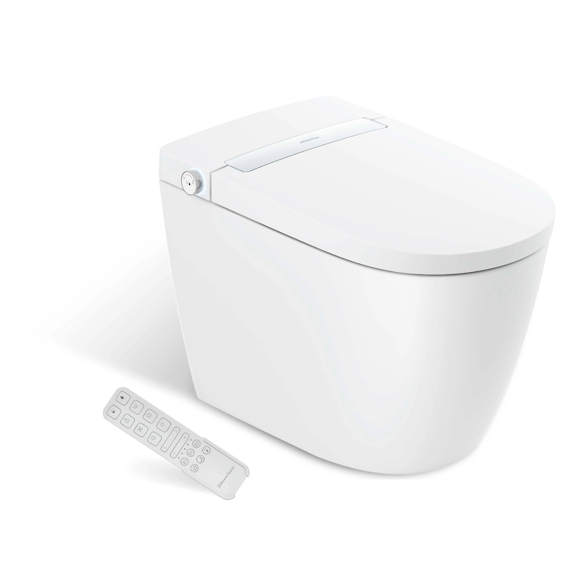 JOHNSON SUISSE AVANZO WALL FACED RIMLESS SMART TOILET SUITE W/ REMOTE CONTROL WHITE