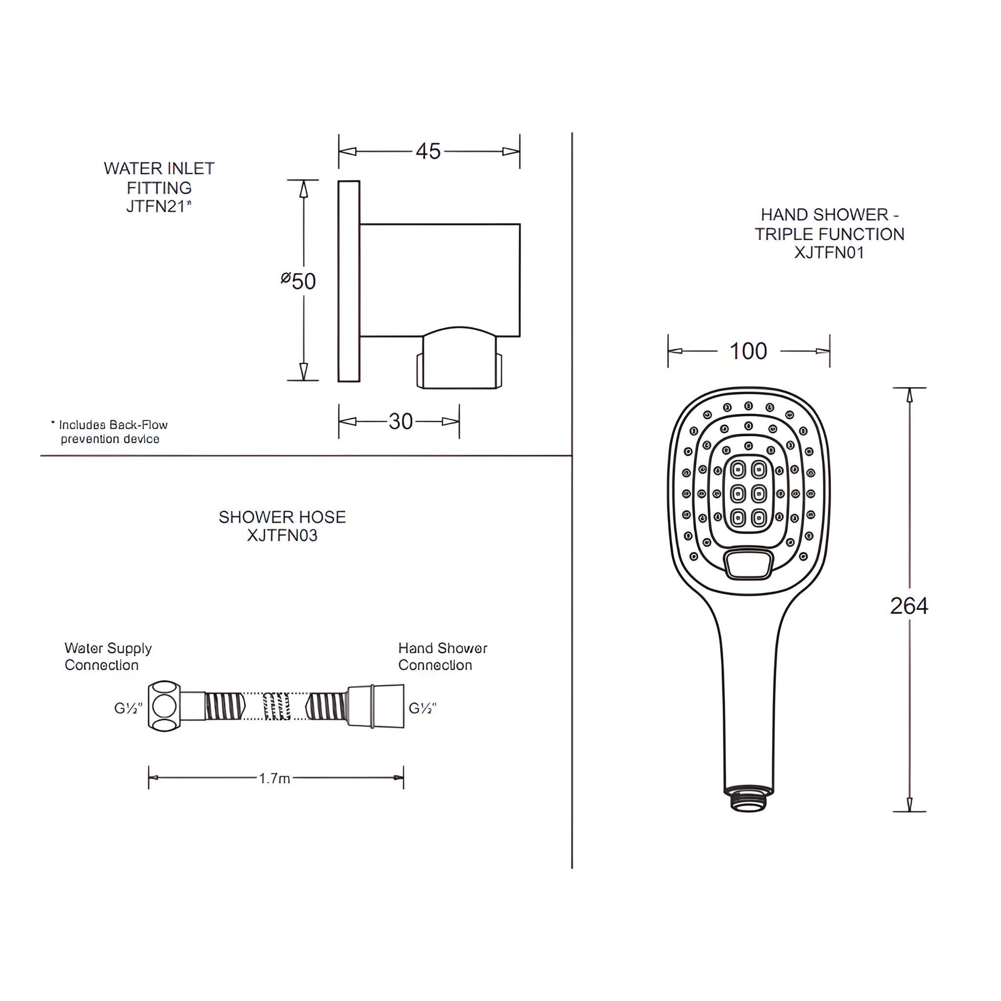 JOHNSON SUISSE FERLA 3 FUNCTION HAND SHOWER SET WITH BACK-FLOW PREVENTION DEVICE CHROME