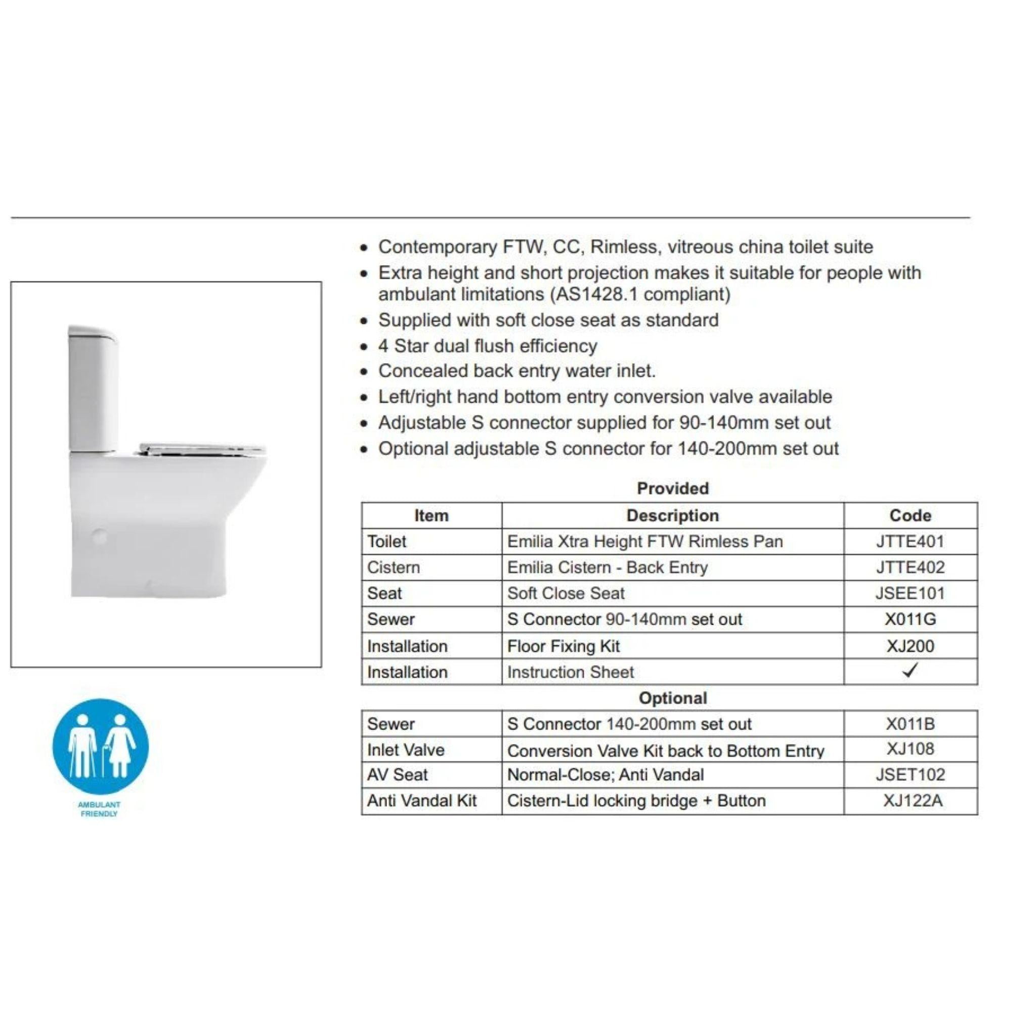 JOHNSON SUISSE EMILIA XTRA AMBULANT RIMLESS TOILET SUITE GLOSS WHITE