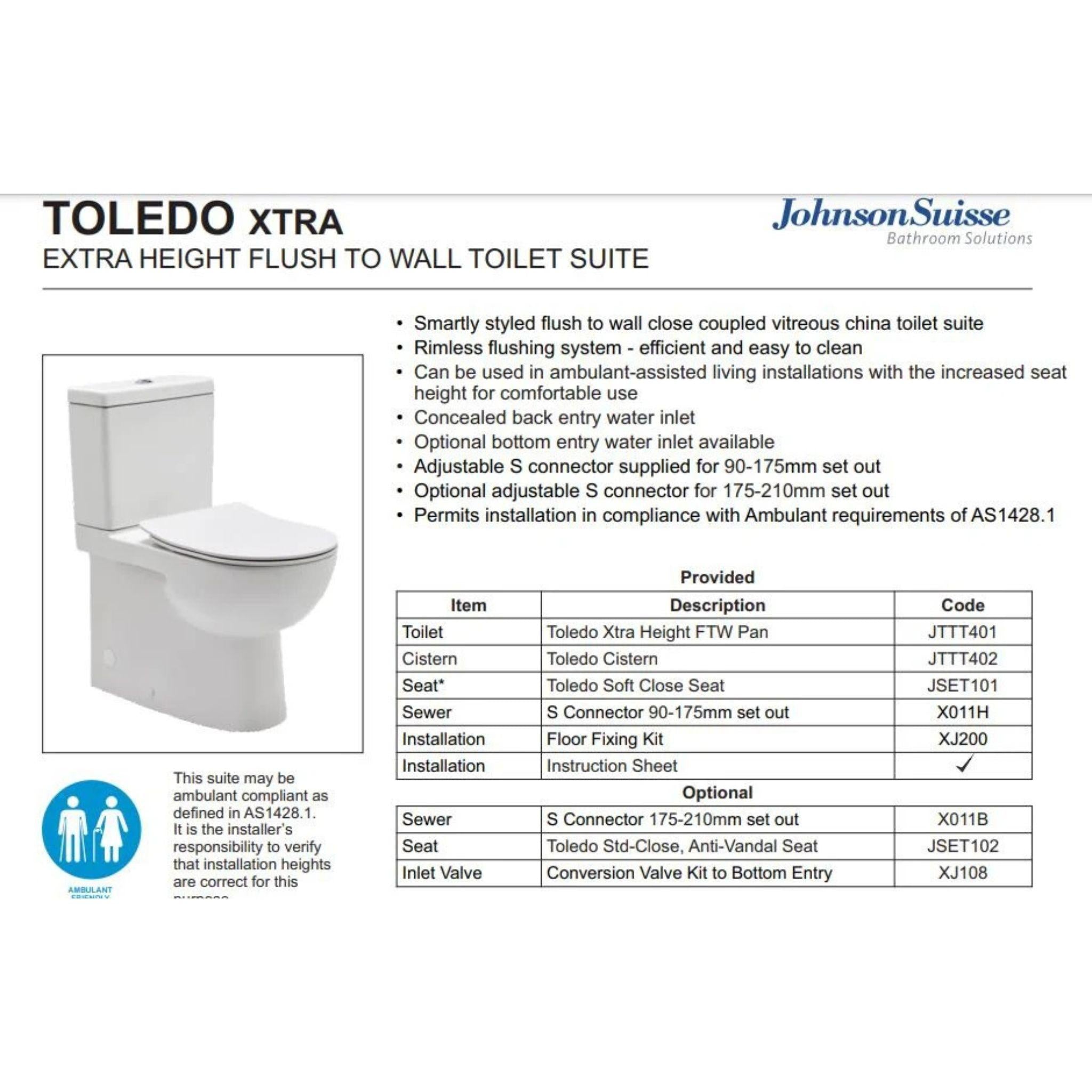 JOHNSON SUISSE TOLEDO XTRA AMBULANT RIMLESS TOILET SUITE GLOSS WHITE