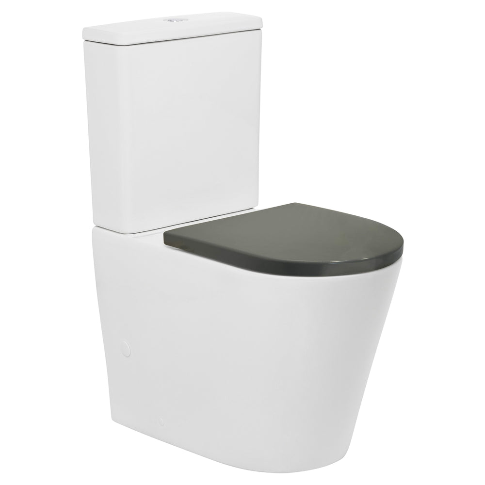 JOHNSON SUISSE VENEZIA CLOSED COUPLED BACK TO WALL RIMLESS COMFORT TOILET SUITE WHITE WITH GREY SEAT