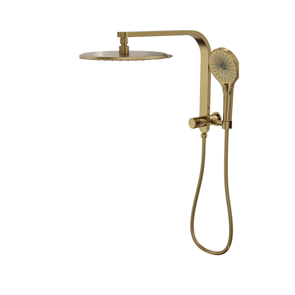LINSOL OCEANJET ROUND TWIN SHOWER WITH SHORT RAIL 369MM BRUSHED BRASS
