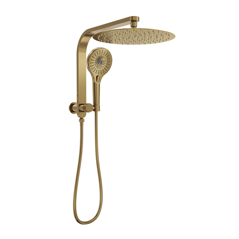 LINSOL OCEANJET ROUND TWIN SHOWER WITH SHORT RAIL 369MM BRUSHED BRASS