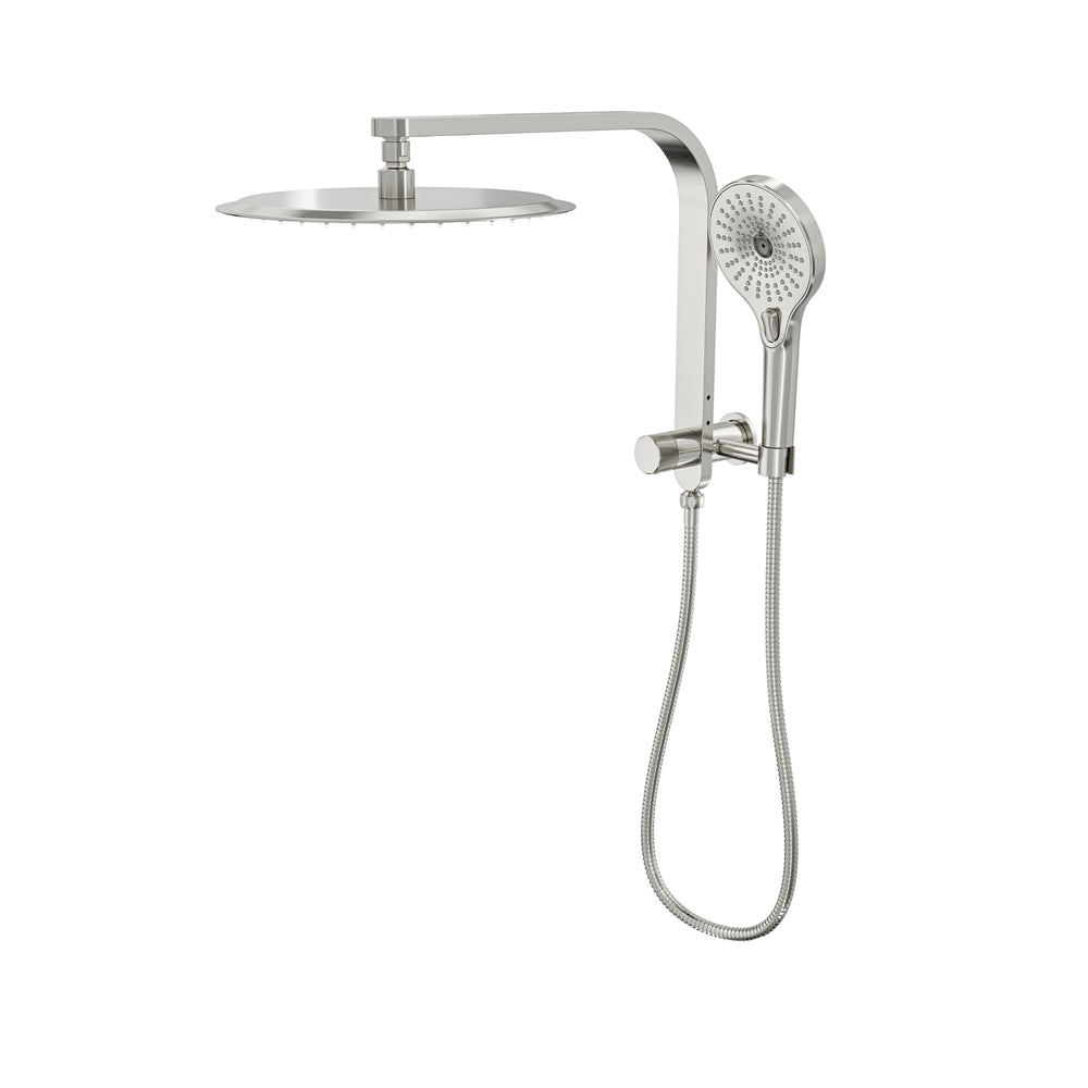 LINSOL OCEANJET ROUND TWIN SHOWER WITH SHORT RAIL 369MM BRUSHED NICKEL