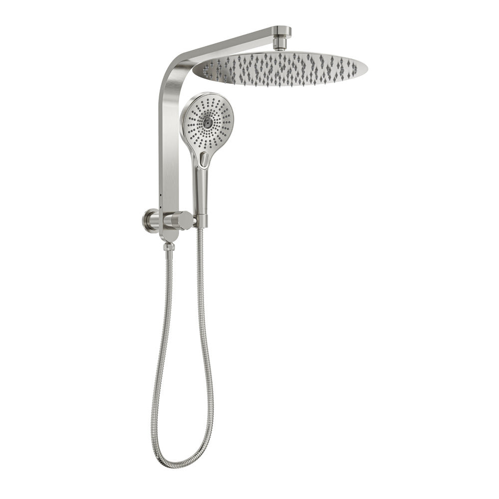 LINSOL OCEANJET ROUND TWIN SHOWER WITH SHORT RAIL 369MM BRUSHED NICKEL