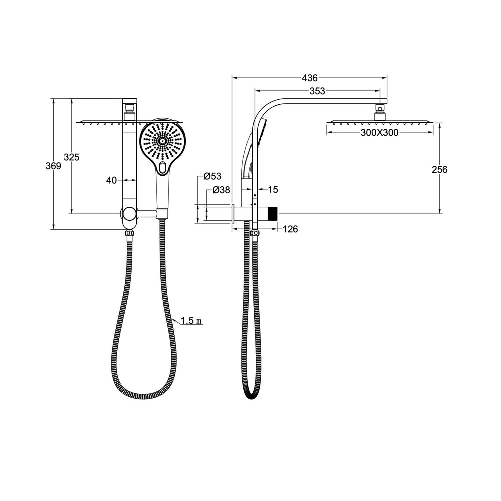 LINSOL OCEANJET SQUARE TWIN SHOWER WITH SHORT RAIL 369MM CHROME