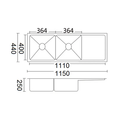 BELLA VISTA LUMINARE DOUBLE BOWL KITCHEN SINK WITH DRAINER STAINLESS STEEL 1150MM