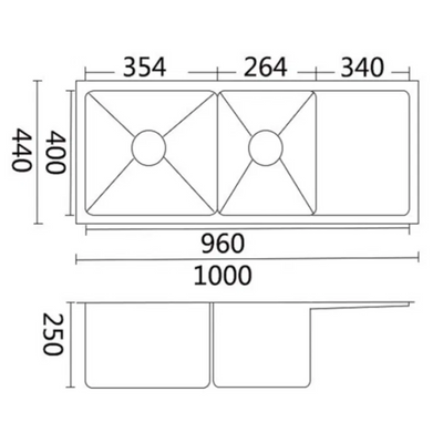 BELLA VISTA LUMINARE DOUBLE BOWL KITCHEN SINK WITH DRAINER STAINLESS STEEL 1000MM