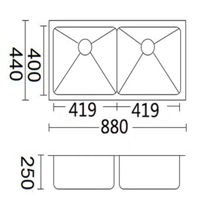 BELLA VISTA LUMINARE DOUBLE BOWL KITCHEN SINK STAINLESS STEEL 880MM
