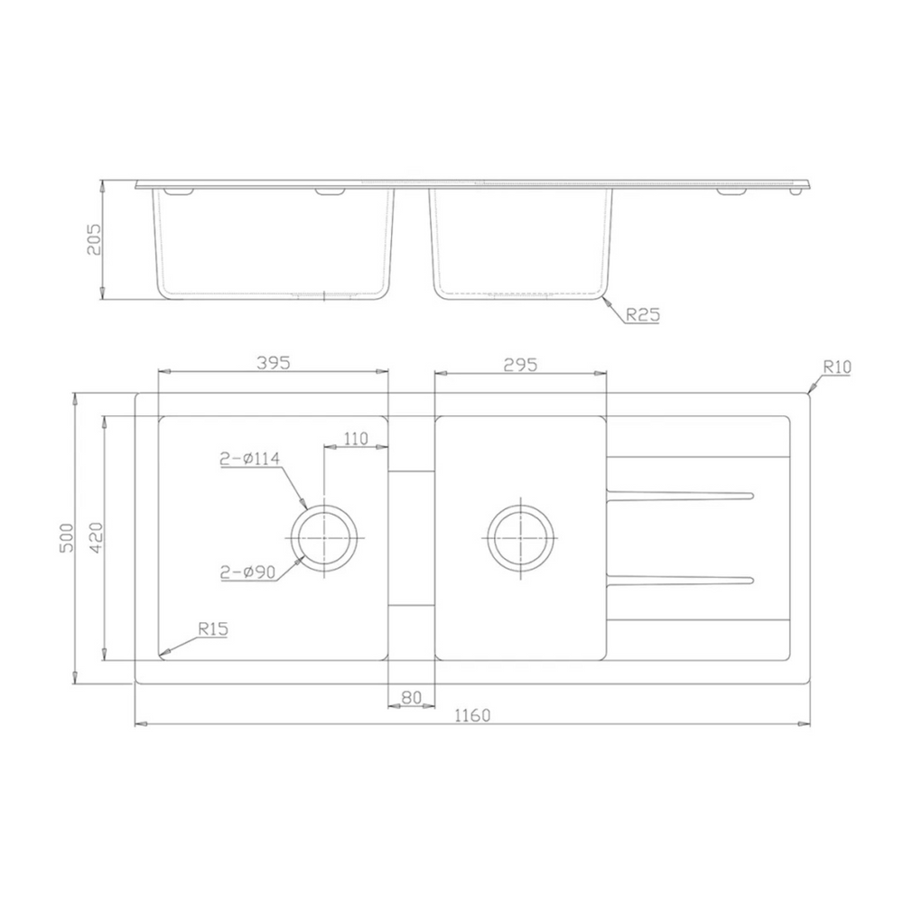 BELLA VISTA FOMOS DOUBLE BOWL GRANITE KITCHEN SINK WITH DRAINER BLACK 1160MM