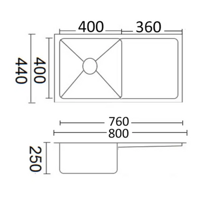 BELLA VISTA LUMINARE SINGLE BOWL KITCHEN SINK WITH DRAINER STAINLESS STEEL 800MM