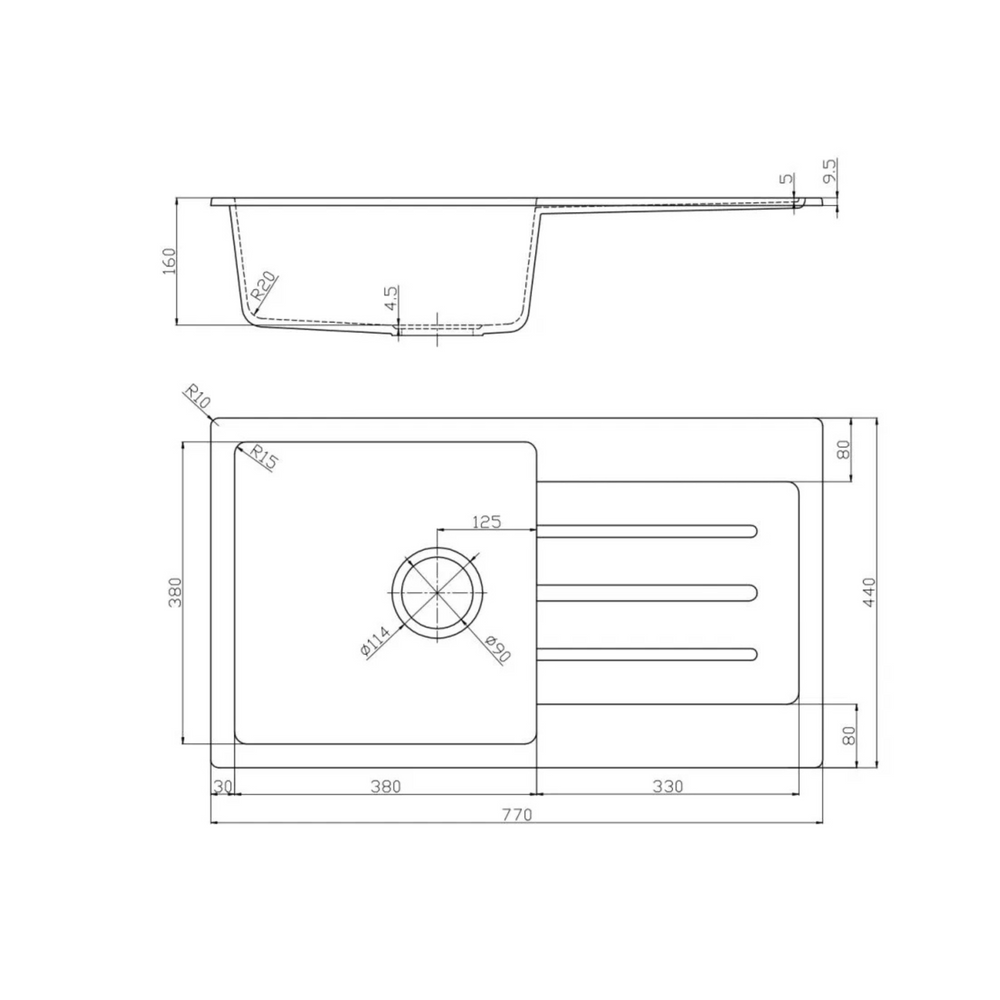 BELLA VISTA FOMOS SINGLE BOWL GRANITE KITCHEN SINK WITH DRAINER BLACK 770MM