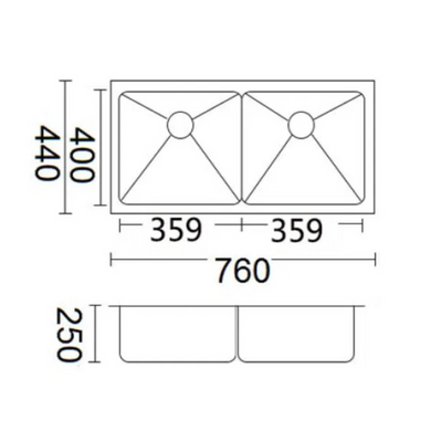BELLA VISTA LUMINARE DOUBLE BOWL KITCHEN SINK STAINLESS STEEL 760MM