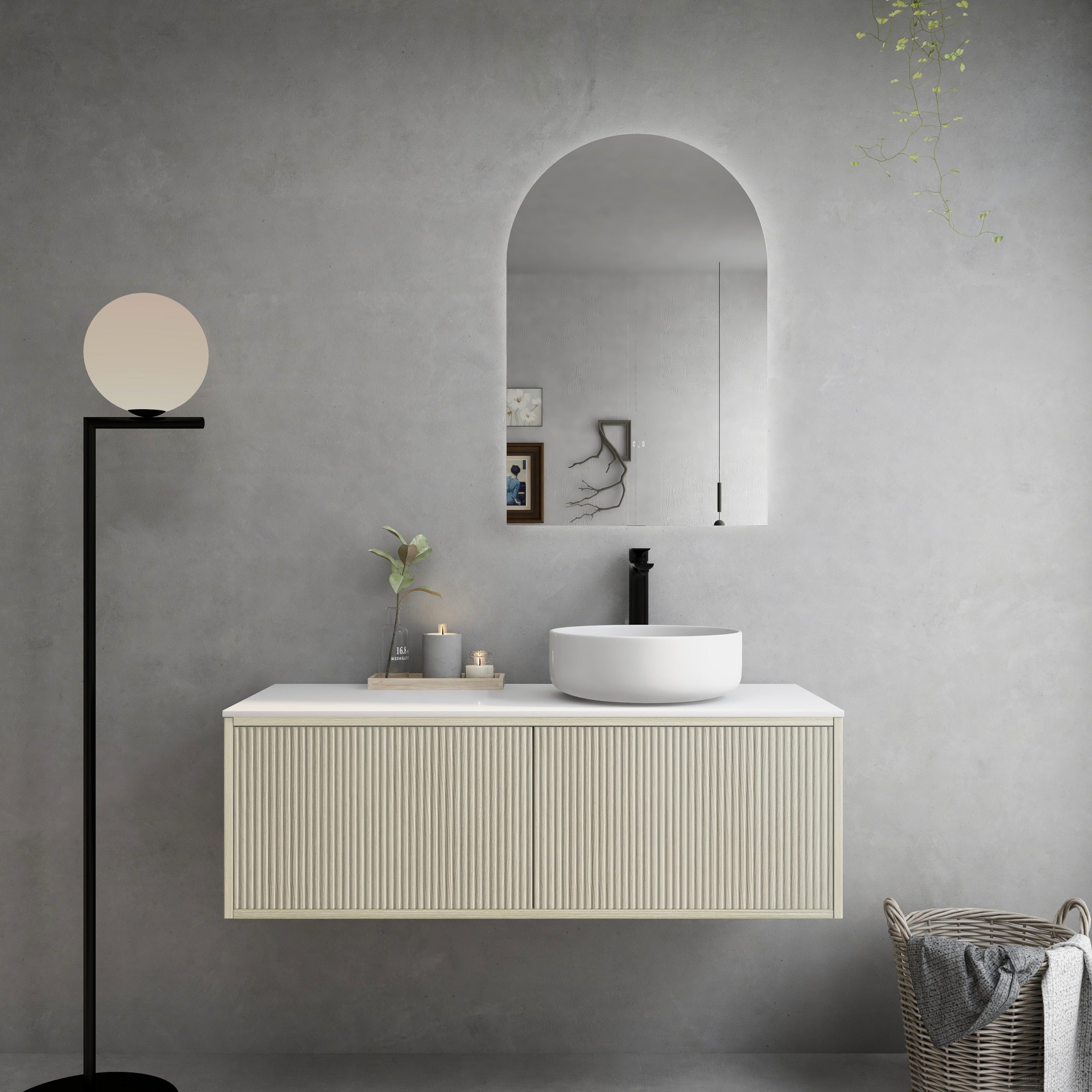 CETO BELLEVUE COASTAL OAK 1200MM SPACE SAVING SINGLE BOWL WALL HUNG VANITY  (AVAILABLE IN LEFT AND RIGHT HAND DRAWER)