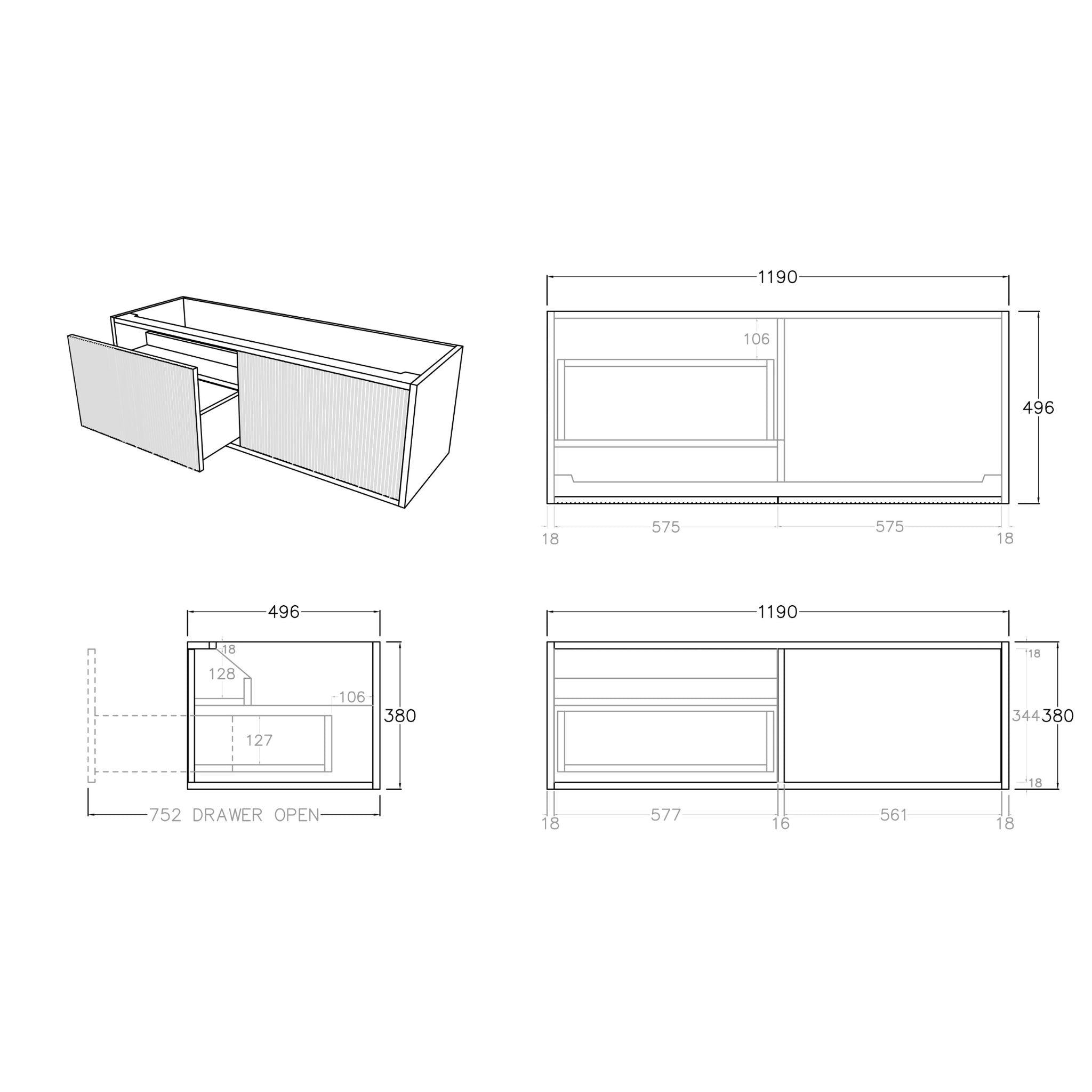 CETO BELLEVUE PRIME OAK 1200MM SINGLE BOWL WALL HUNG VANITY AVAILABLE IN LEFT AND RIGHT HAND DRAWER