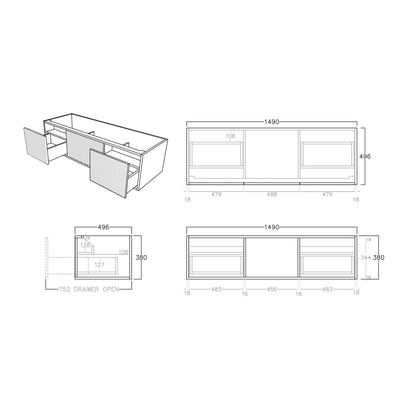 CETO BELLEVUE PRIME OAK 1500MM DOUBLE BOWL WALL HUNG VANITY