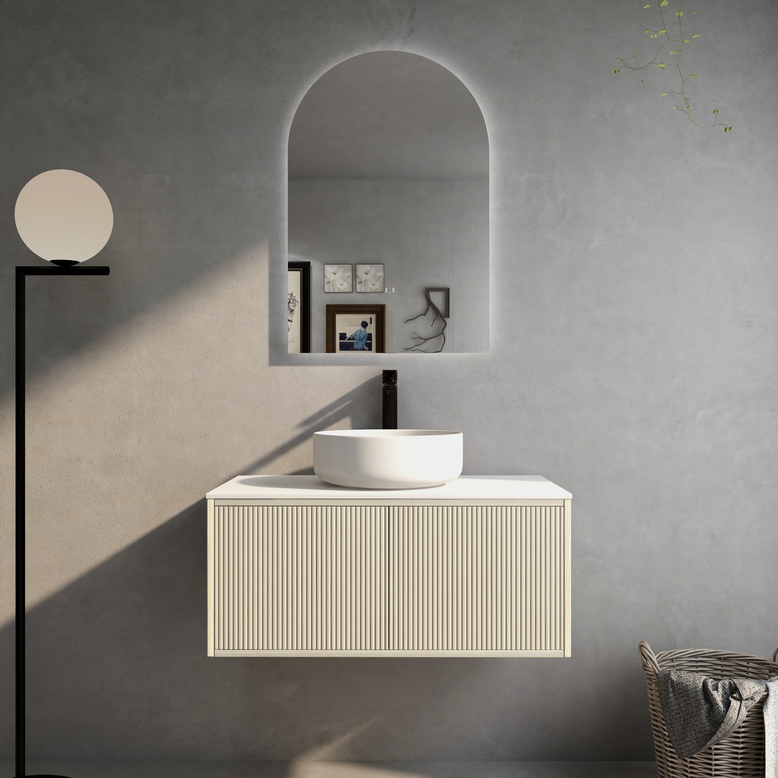 CETO BELLEVUE COASTAL OAK 900MM SPACE SAVING SINGLE BOWL WALL HUNG VANITY AVAILABLE IN LEFT AND RIGHT HAND DRAWER