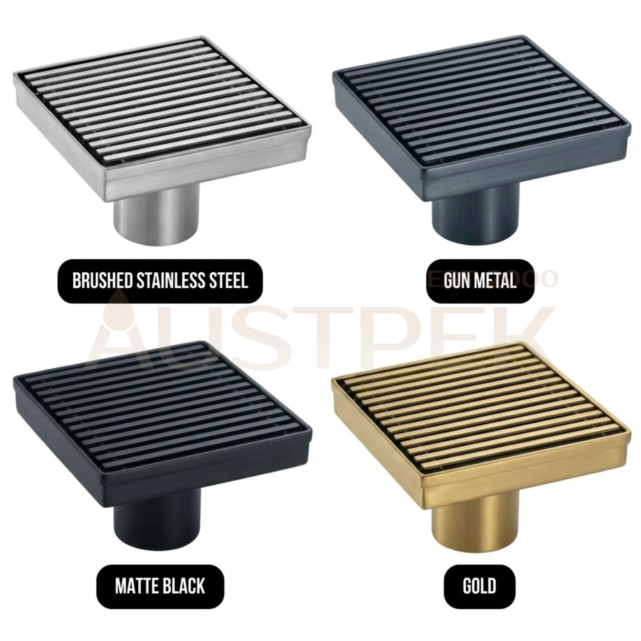 VITO SQUARE GRATE PATTERN FLOOR DRAIN BRUSHED STAINLESS STEEL 115MM