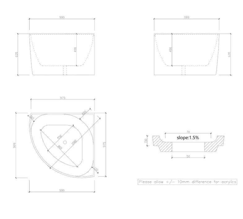INFINITY KAI CORNER BATHTUB GLOSS WHITE 1000MM