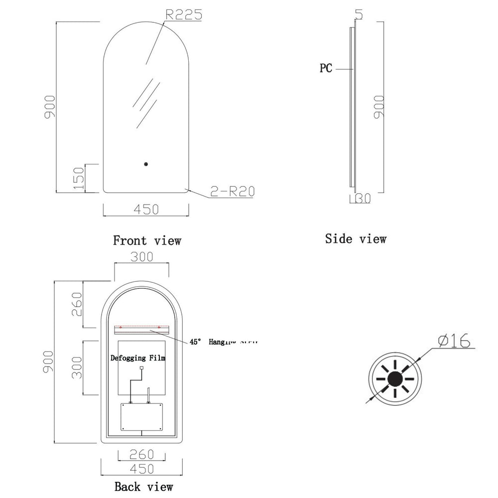 KB SIRRA ARCH FRAMELESS BACKLIT LED MIRROR WITH DEMISTER 3 COLOUR LIGHTS 450X900MM