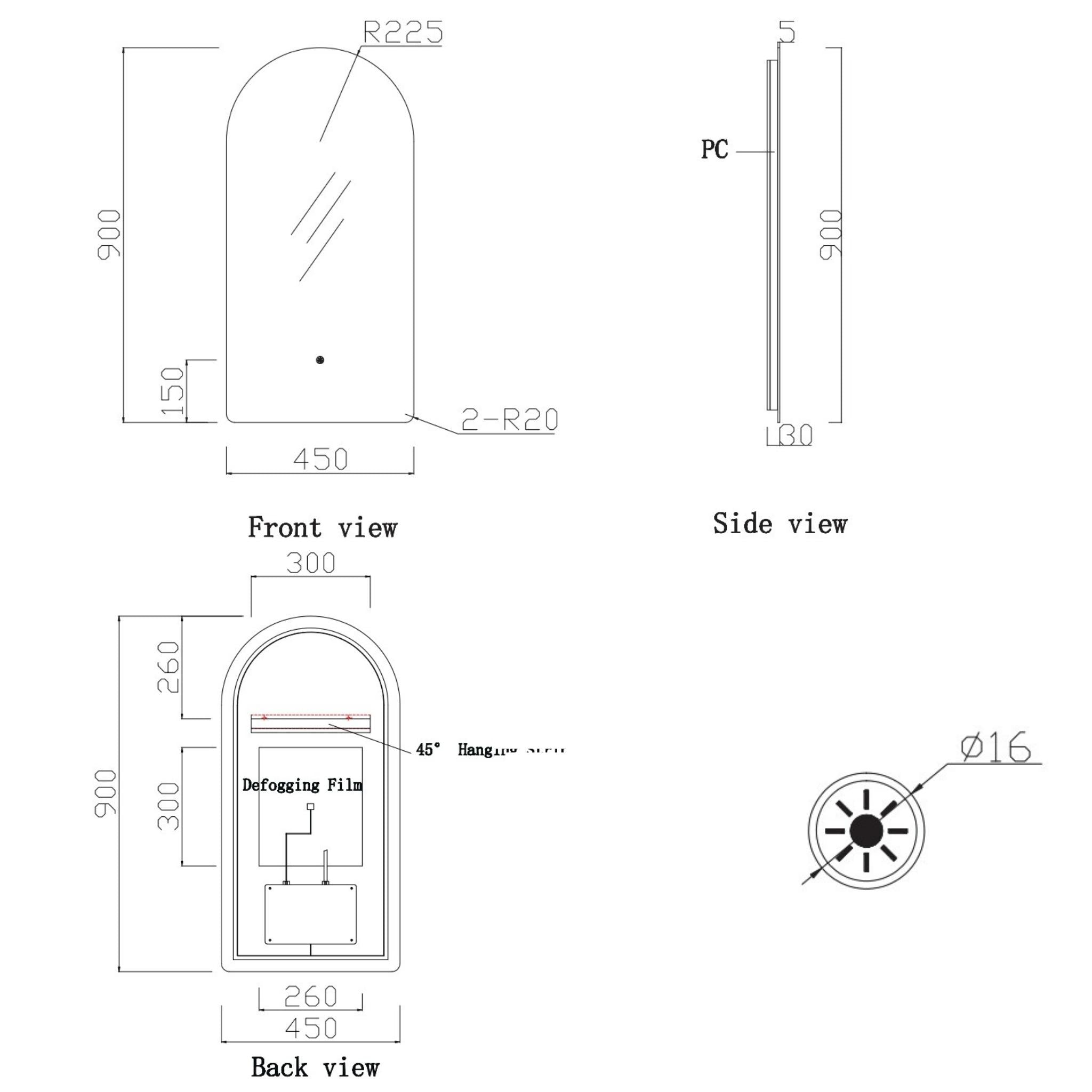 KB SIRRA ARCH FRAMELESS BACKLIT LED MIRROR WITH DEMISTER 3 COLOUR LIGHTS 450X900MM