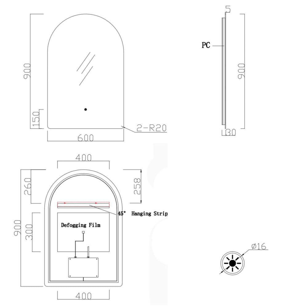 KB SIRRA ARCH FRAMELESS BACKLIT LED MIRROR WITH DEMISTER 3 COLOUR LIGHTS 600X900MM