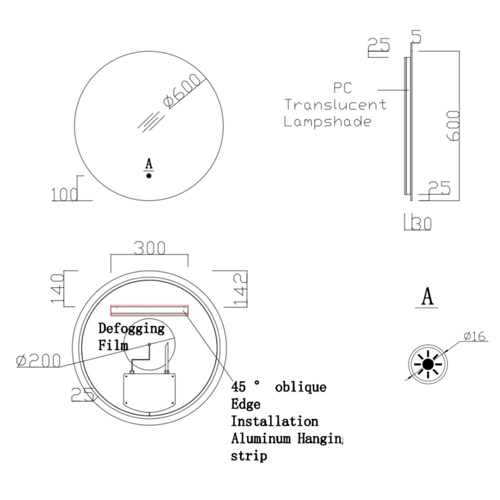 KB SIRRA ROUND FRAMELESS BACKLIT LED MIRROR WITH DEMISTER 3 COLOUR LIGHTS 600MM